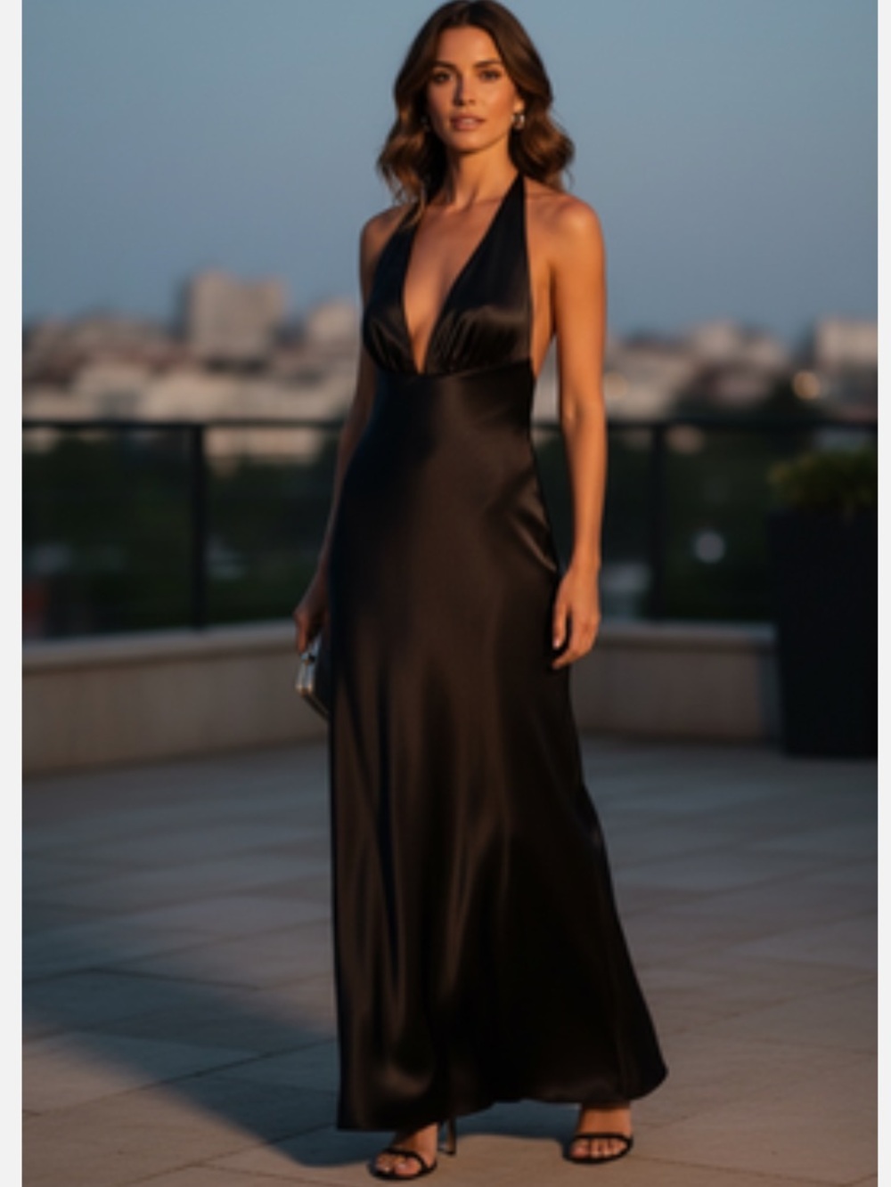 NWT ZARA Black Satin Effect Long Halter Maxi Dress